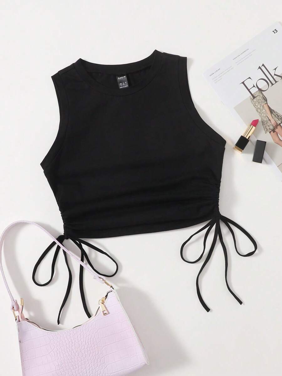 SHEIN EZwear Summer Drawstring Ruched Side Crop BlackTank Top