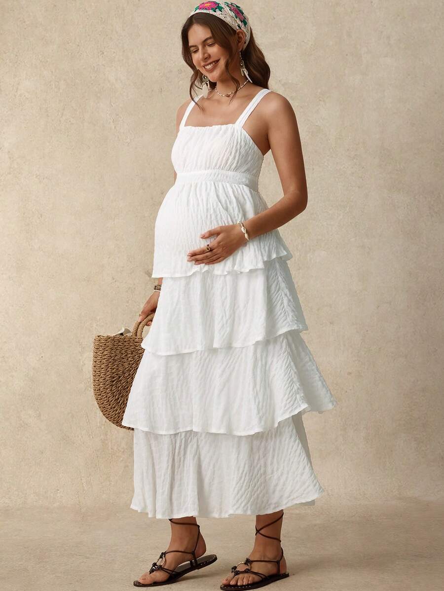 SHEIN Pregnant Women's Summer Holiday Solid Color Ruffled Hem Spaghetti Strap Dress Wedding Guest Dress Vacation Outfits Birthday Dresses For Maternity White Maternity Dress - White - View 1