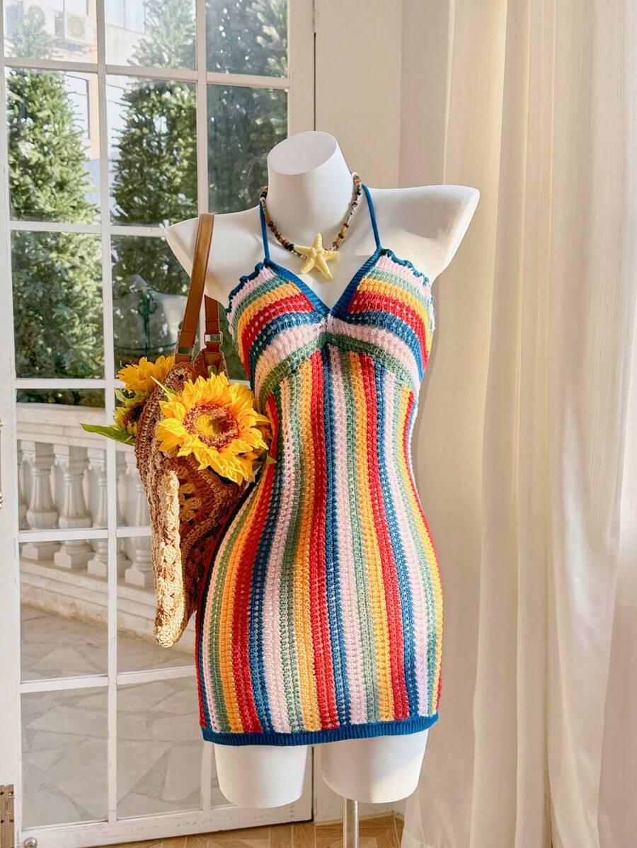 Skyraze 女士条纹微镂空海滩度假连衣裙，夏威夷女装 - 彩色 - 查看 1