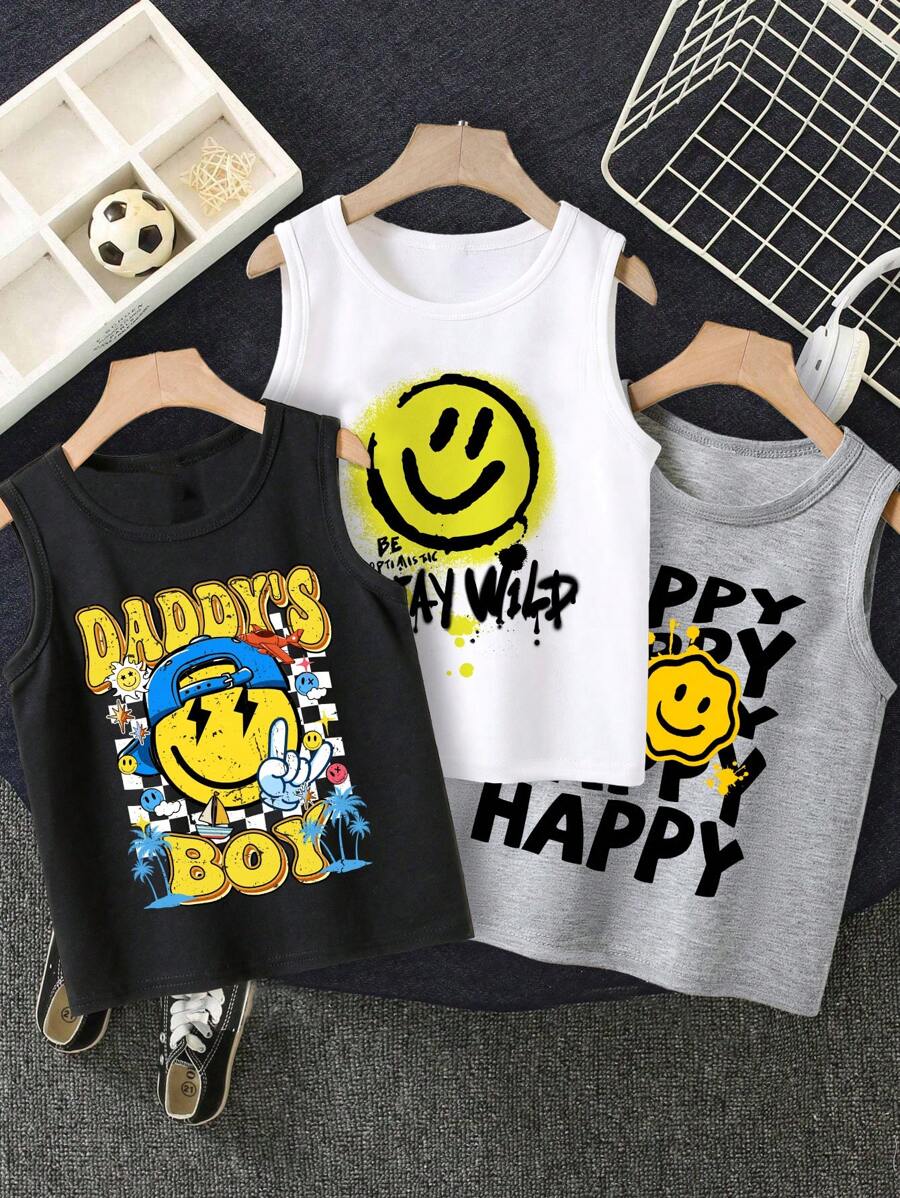 SHEIN Leap Crew 男童休闲简约卡通印花背心，两件套，夏季