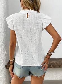 Breezaya Women's Hollow Out Embroidered Cherry Print Round Neck Cap Sleeve Blouse, Spring/Summer - White - View 2