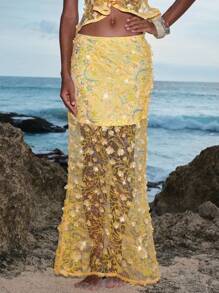 Opulessa Women's Solid Color Beaded Mesh Patchwork Fishtail Hem Skirt