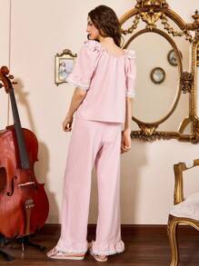 Côtesoire 2 piezas Conjunto de pijama estilo retro y romántico para mujer