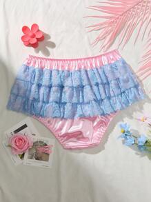 PetitDoll Plus Size Sweet & Cute Multi-Layer Lace Trim Contrast Color Booty Lifting Satin Panties - Pink - View 6