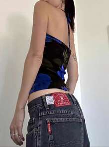 SHEIN EZwear Women's Floral Print Halter Neck Fitted Cami Top For Vacation - Blue - View 3