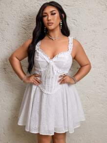 Flirla 大码女式甜美白色刺绣荷叶边吊带连衣裙 - 白色 - 查看 4