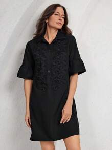Miaspire Women's Summer Solid Color Front Button Elegant & Fashionable Short Sleeve Mini Dress - Black - View 7