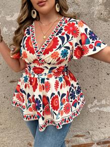 SHEIN Clasi Áo sơ mi nữ in hoa cổ điển cỡ lớn đơn giản hàng ngày - Nhiều màu - Xem 6