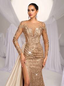 Glamrae Elegante y lujoso vestido con cola de pez, con abertura lateral, con parches de encaje, satín y lentejuelas bordadas, con volantes, adecuado para bodas, fiestas, eventos y banquetes (versión resistente), formal, vestido de noche, para invitados de boda