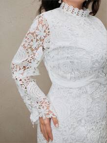 Anewsta 大码优雅纯色立领长袖蕾丝连衣裙