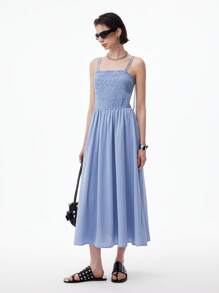 LYSMO Vestido casual de escote caído diseño tejido azul de vacaciones