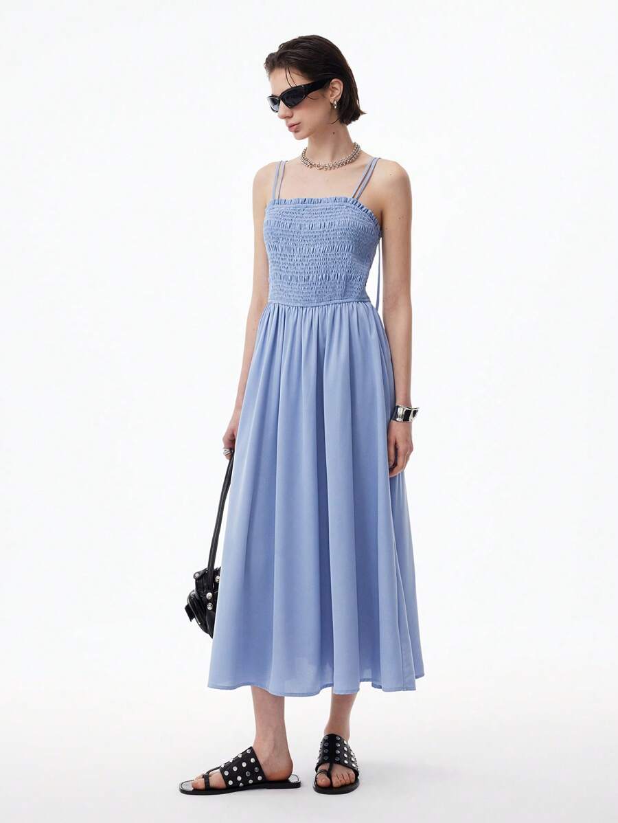 LYSMO Vestido casual de escote caído diseño tejido azul de vacaciones