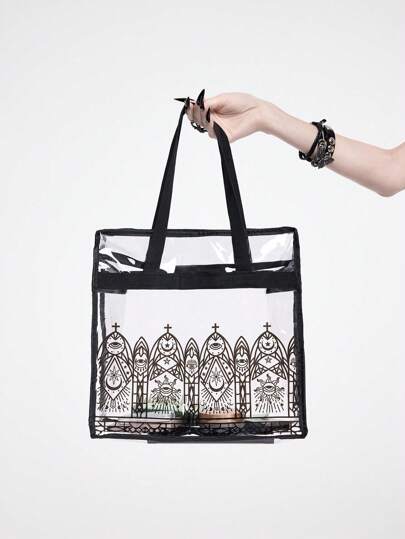 Goth 1pc Women's Transparent Black Tote Bag With Sun, Moon, Star And Cross Pattern, Waterproof For Daily, Shopping And Beach Use
