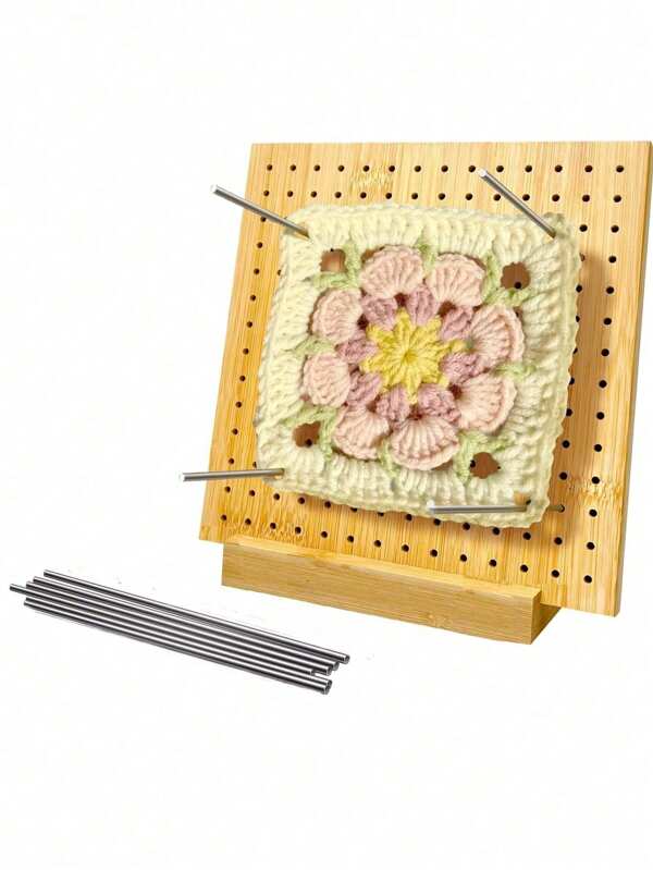 SHEIN 5,9 Zoll Häkel-Blockierbrett, quadratisch, mit Stecknadeln, 6 Stücke, rostfreie Stecknadeln, Bambus-Holzbrett zum Stricken, Häkeln, Granny Squares, komplettes Set, Geschenk