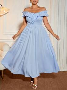 Cravure Plus Size Women Fashion Elegant Off Shoulder Ruffle Trim Midi Dress, Casual Romantic Retro Minimalist For Holiday, Valentine's Day, Evening Gown, Party, Graduation - Blue - View 6