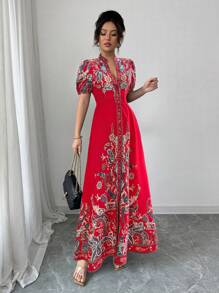 Elenzga Women Elegant Sexy Deep V-Neck Fitted Long Dress (Floral Print), 2025 New Collection - Red - View 3