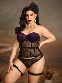 Vintage Palace Satin Lace Fishbone Bodysuit Sexy Plus Size Lingerie - Black - View 4