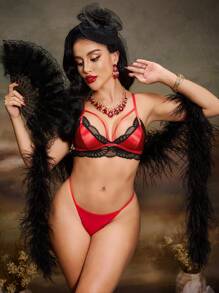 SHEIN Bra Lingerie Tanpa Jahitan Tanpa Kawat dengan Renda Kontras untuk Wanita - Hitam - View 5