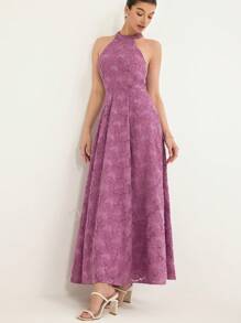 Aveloria Rosie 优雅花卉提花镂空雪纺立领收腰连衣裙，适合度假、浪漫、淑女 - 紫色 - 查看 4