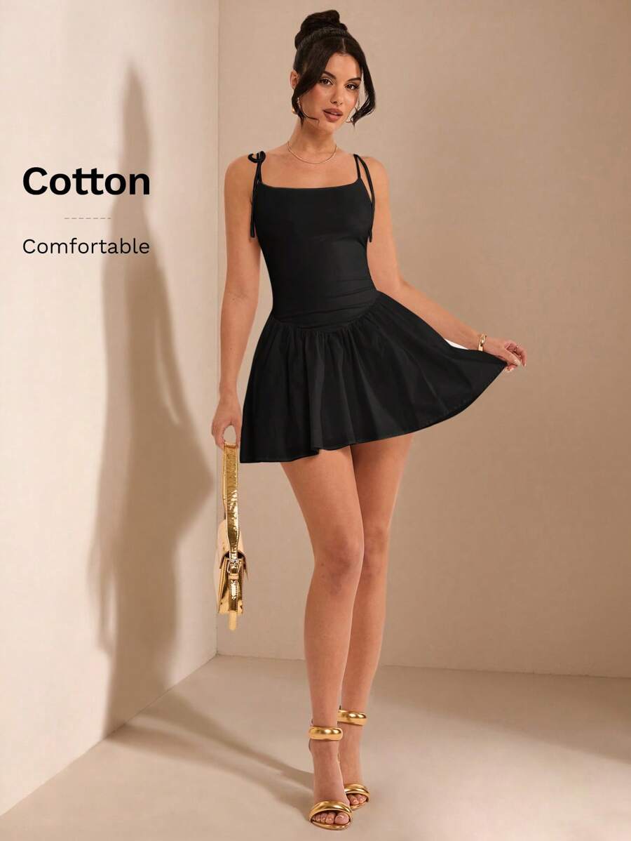 SHEIN BAE Pure White Minimalist Elegant A-Line Camisole Dress, Suitable For Valentine's Day Date, Party, Wedding, Graduation Season, Casual Outings Business Casual Woman - Black - View 1