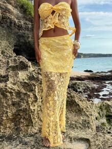 Opulessa Women's Solid Color Beaded Mesh Patchwork Fishtail Hem Skirt