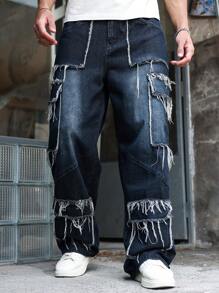 Manfinity LEGND Men's Casual Everyday Distressed Multi-Pocket Loose Denim Blue Jeans Hang Out Street College, Emo Style - Black - View 5