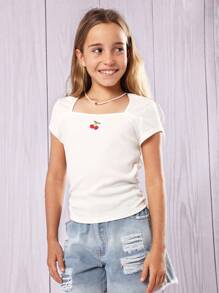 SUMWON Ribbed Square Neck Cherry Embroidered T-Shirt Essential Summer Girls Top Ruched Side Detail Youth Fashion Basic Tee - White - View 2