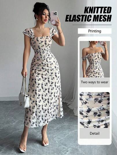 Elenzga Nuevo vestido elegante de mujer con cuello cuadrado, estampado floral, malla transparente, cintura en V, línea A, drapeado, ideal para citas, viajes, cintura ceñida, favorecedora figura