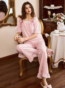 Côtesoire 2 piezas Conjunto de pijama estilo retro y romántico para mujer