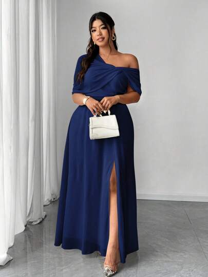 Elenzga Vestido de gasa elegante y romántico para bodas/fiestas/banquetes con un solo hombro y dobladillo con abertura, talla grande para mujer