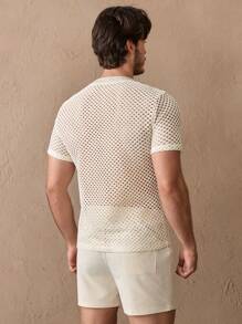 GENTILAND 2pcs/Set Men's Casual Knitted Jacquard Coin Pattern V-Neck Short Sleeve Shirt & Drawstring Waist Straight Leg Shorts Set - Apricot - View 4