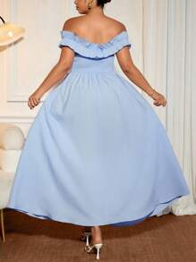 Cravure Plus Size Women Fashion Elegant Off Shoulder Ruffle Trim Midi Dress, Casual Romantic Retro Minimalist For Holiday, Valentine's Day, Evening Gown, Party, Graduation - Blue - View 2