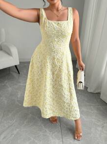 Elenzga Vestido de mujer de talla grande con cuello cuadrado, sin mangas y con textura en relieve - Amarillo - Ver 6