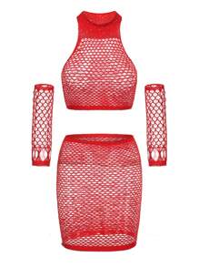 SHEIN Bộ 4 món đồ lót gợi cảm màu đỏ cho nữ, bộ đồ liền thân lưới lưới bán trong suốt co giãn đính đá, váy garter và găng tay, thích hợp cho tiệc tùng, tụ tập xã hội và hộp đêm - Đỏ - Xem 8