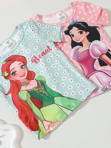 SHEIN 4 件套少女柔软光滑波尔卡圆点和花朵公主紧身睡衣套装、短袖上衣和裤子 - 彩色 - 查看 8