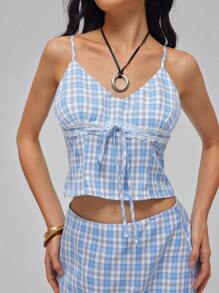 Roylia 女式两件套，编织格子面料，格子图案，多色，合身，深 V 领，细肩带，自系带，正面蝴蝶结，蕾丝花边，胸前荷叶边，收腰，低腰，A 字型，节日，度假，优雅，性感，青少年休闲，通勤，别致，浪漫，可爱，春夏女式短款上衣和低腰迷你裙两件套 - 藍白色 - 查看 6