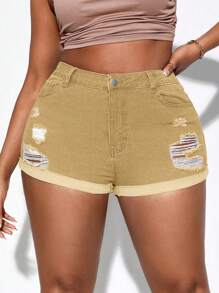 SHEIN SXY Plus Size Women Pocketed Distressed Frayed Hem Casual Denim Shorts