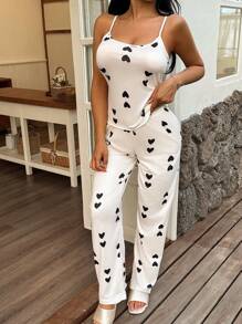 Dream Adore Damen Herz-Strick-Bedruckter Träger-Oberteil und Hose Schlafanzug Set, bequeme Lässig Kleidung für alle Jahreszeiten