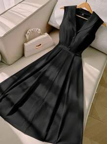 Franclia 大码女式褶领纽扣无袖连衣裙，适合约会、派对、生日、办公室穿着、度假、夏季休闲、商务休闲 - 黑色 - 查看 1