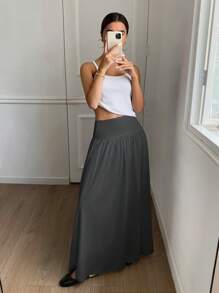 Serisse Women Side Zipper Pleated Solid Color Skirt Winter