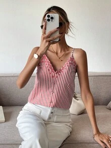 SHEIN Frenchy Áo ba lỗ rộng rãi thiết kế nút kẻ sọc cho nữ - Đỏ và trắng - Xem 4