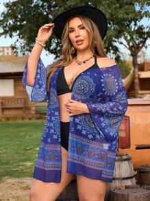 LanaWest Plus Size Allover Print Sheer Vacation Long Sleeve Kimono For Summer - Multicolor - View 1