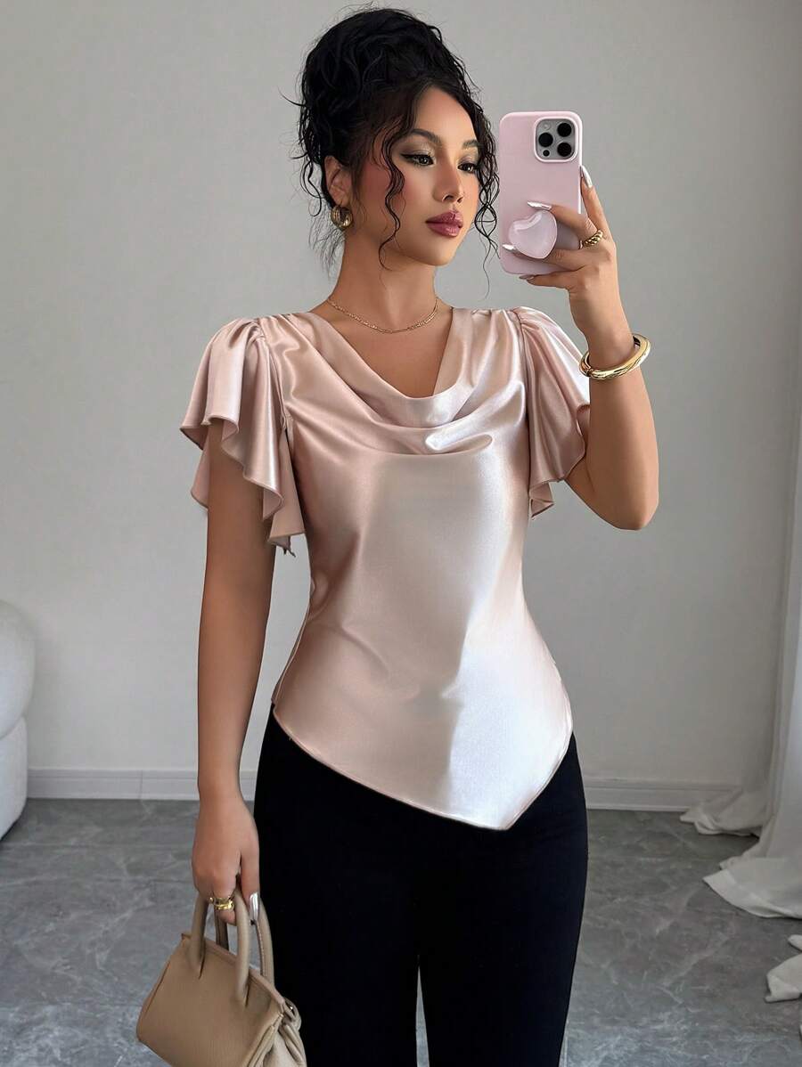 Elenzga 优雅休闲夏季性感盖袖不对称下摆T恤 - 杏色 - 查看 1