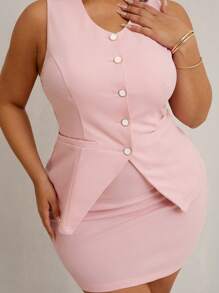 SHEIN SXY Conjunto elegante y sexy para mujer de talla grande: Top ajustado sin mangas de unicolor + Falda lápiz a juego, para primavera y verano