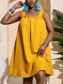 Slaydiva 大码无袖纯色休闲度假连衣裙 - 黃色 - 查看 8