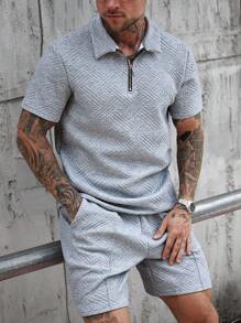 Manfinity Homme 男士时尚3D纹理休闲Polo衫套装休闲两件套男士男士两件套 - 灰色 - 查看 5