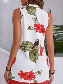 EMERY ROSE 2 件套女士休闲花卉印花 V 领无袖上衣和纯色短裤 - 紅色 - 查看 2