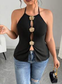 SHEIN CURVE+ Correa de sujección para mujer talla grande de estilo francés casual de vacaciones de verano con tirantes de espagueti, metal hueco y flor de camelia anudada