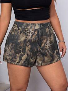 SHEIN EZwear Plus Size Women Snake Skin Print Denim Shorts, Street Style Summer - Brown - View 1
