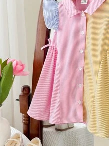 SHEIN LMoss Kids Babygirl Cute Summer Casual Striped Patchwork Cap Sleeve Mini Dress - Multicolor - View 13